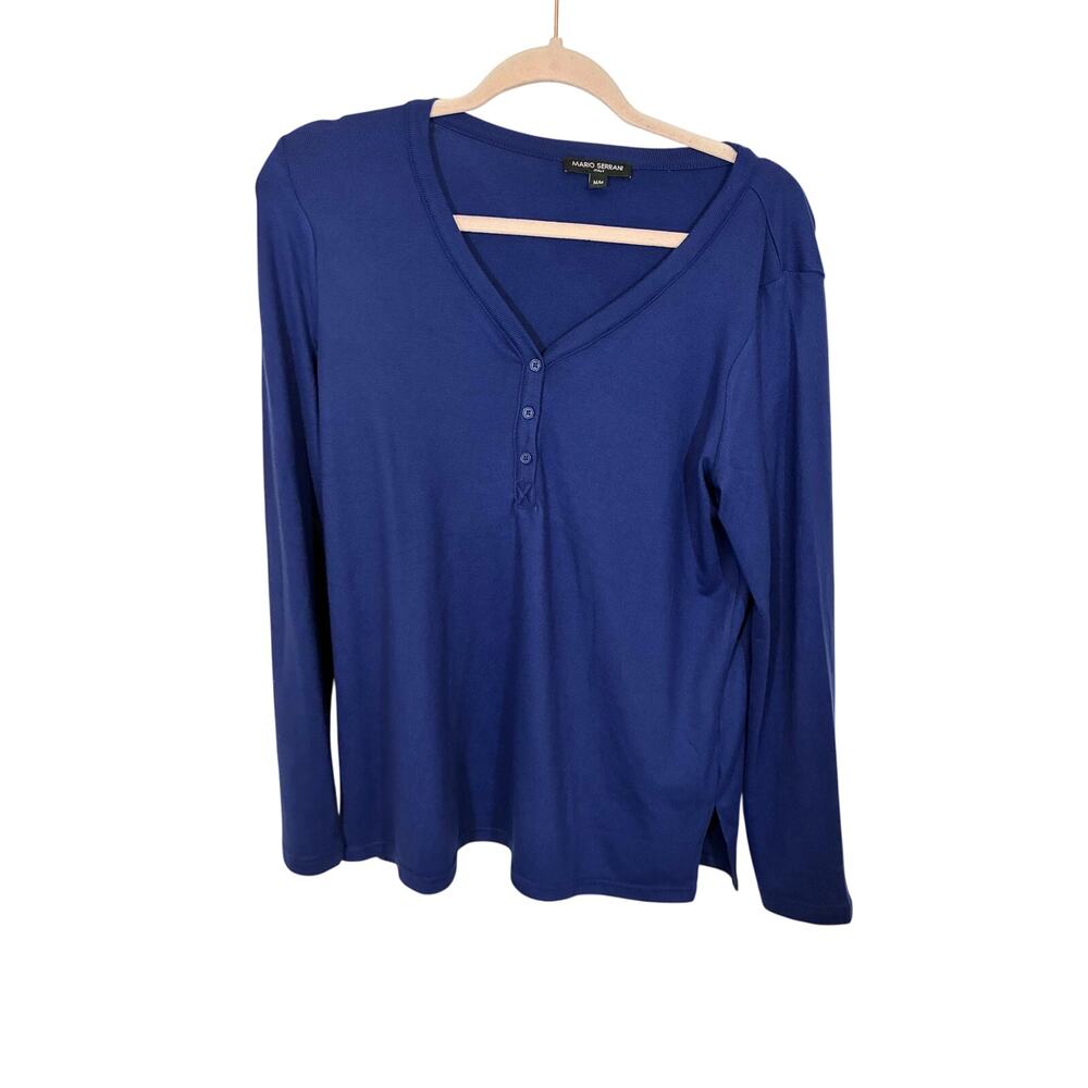 Mario Serrani Womens Dressy V-Neck Top Long Sleeves Pullover Navy Ribbed M